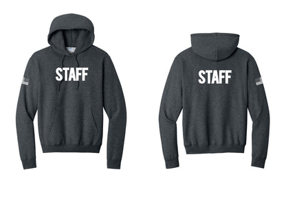 NYC Factory Staff Cotton Fleece Pullover Hoodie (Bold) - Front + Back + US Flag Sleeve - Dark Heather Grey