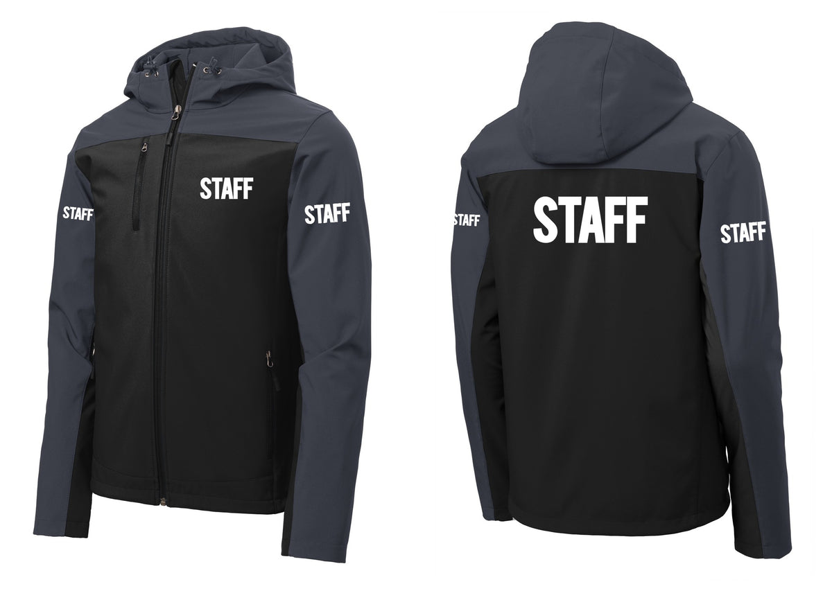 NYC Factory Staff Hooded Soft Shell Jacket (Bold) - Chest + Back + Staff Sleeves - Black / Battleship Grey