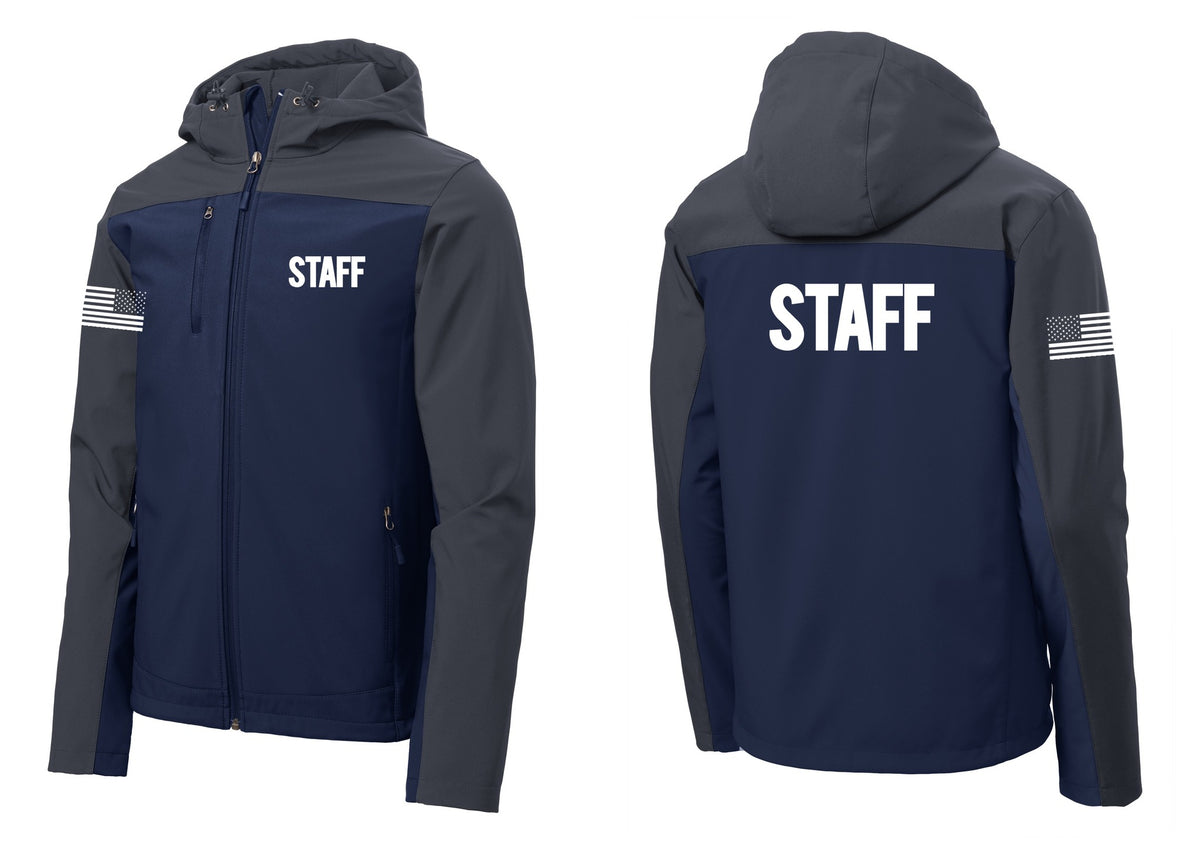 NYC Factory Staff Hooded Soft Shell Jacket (Bold) - Chest + Back + US Flag Sleeve - Dress Blue Navy / Battleship Grey