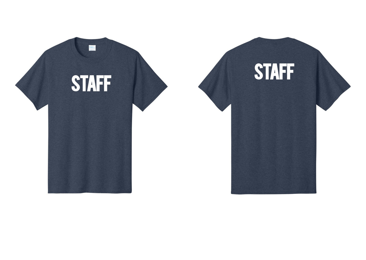 NYC Factory Staff T-Shirt, Bold Lettering - Front + Back - Heather Navy