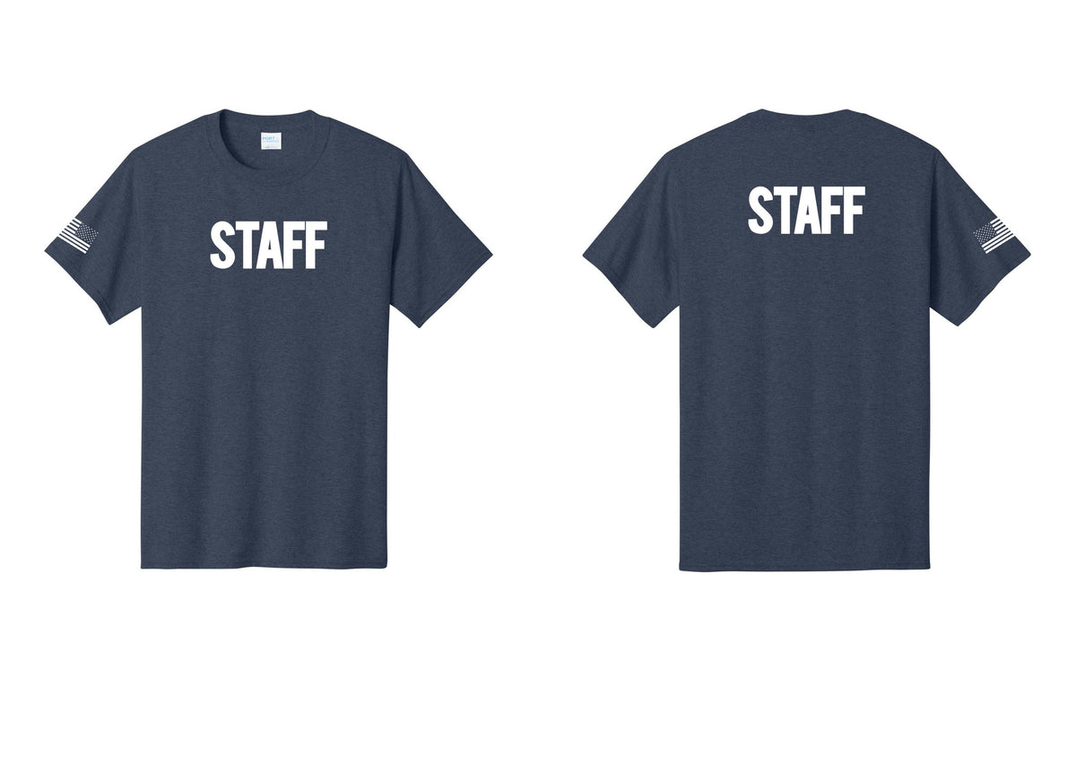 NYC Factory Staff T-Shirt, Bold Lettering - Front + Back + US Flag Sleeve - Heather Navy