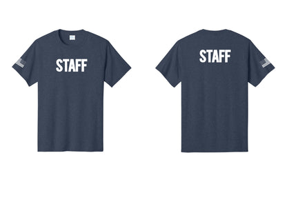 NYC Factory Staff T-Shirt, Bold Lettering - Front + Back + US Flag Sleeve - Heather Navy