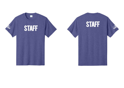 NYC Factory Staff T-Shirt, Bold Lettering - Front + Back + US Flag Sleeve - Heather Purple