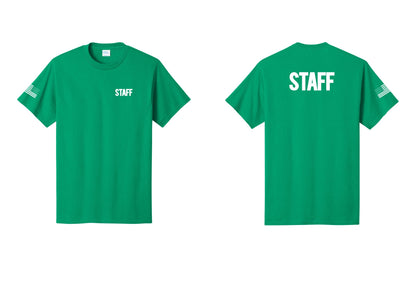 NYC Factory Staff T-Shirt, Bold Lettering - Chest + Back + US Flag Sleeve - Kelly