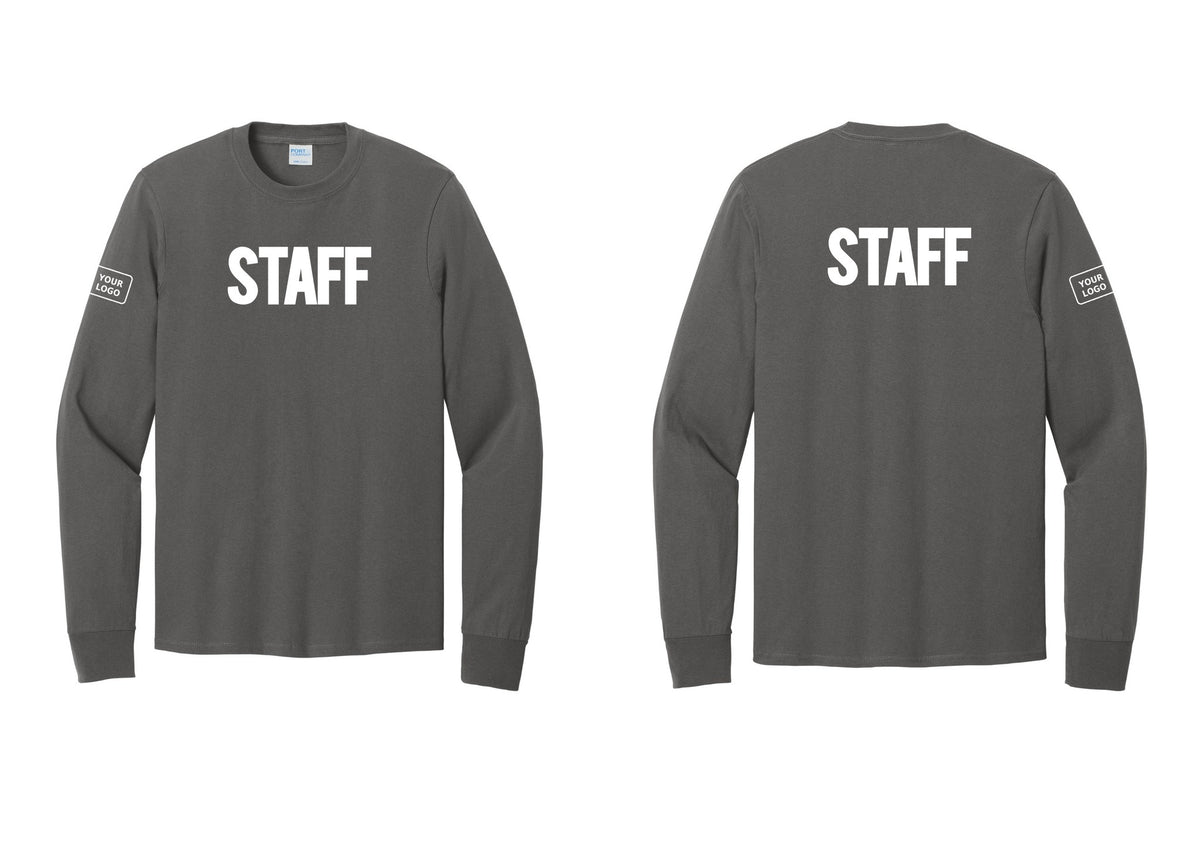 NYC Factory Custom Logo Staff Cotton Long Sleeve T-Shirt (Bold) - Front + Back + Your Logo Sleeve - Charcoal
