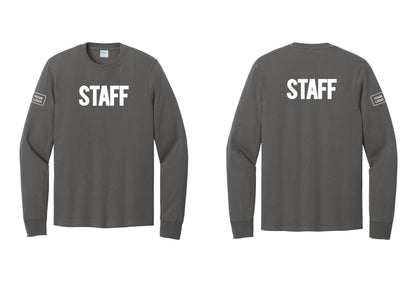 NYC Factory Custom Logo Staff Cotton Long Sleeve T-Shirt (Bold) - Front + Back + Your Logo Sleeve - Charcoal