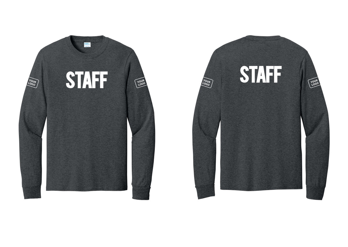 NYC Factory Custom Logo Staff Cotton Long Sleeve T-Shirt (Bold) - Front + Back + Your Logo Sleeves - Dark Heather Grey