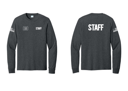 NYC Factory Custom Logo Staff Cotton Long Sleeve T-Shirt (Bold) - STAFF + Your Logo + Back + US Flag Sleeve - Dark Heather Grey