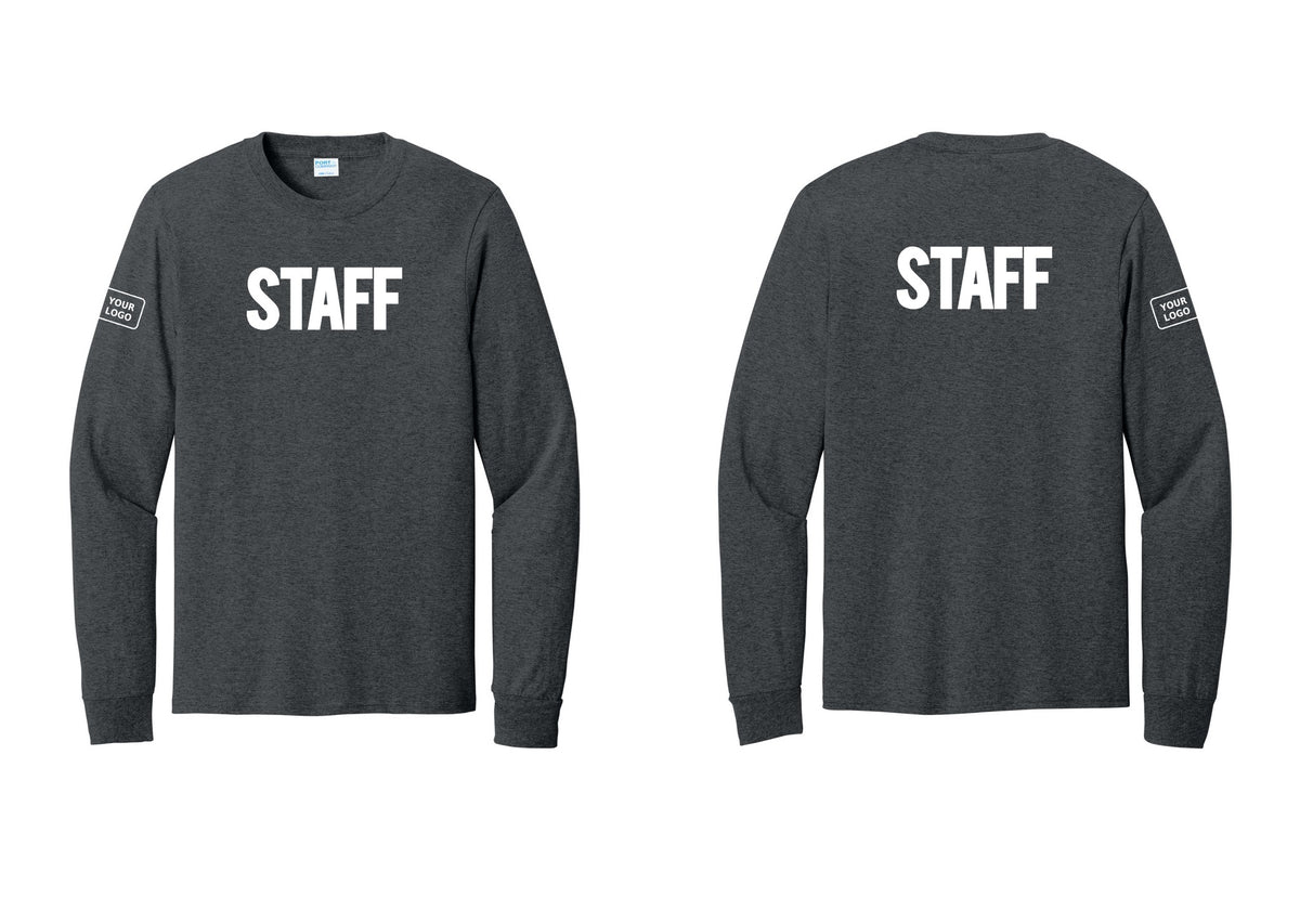 NYC Factory Custom Logo Staff Cotton Long Sleeve T-Shirt (Bold) - Front + Back + Your Logo Sleeve - Dark Heather Grey