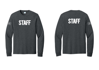 NYC Factory Custom Logo Staff Cotton Long Sleeve T-Shirt (Bold) - Front + Back + Your Logo Sleeve - Dark Heather Grey