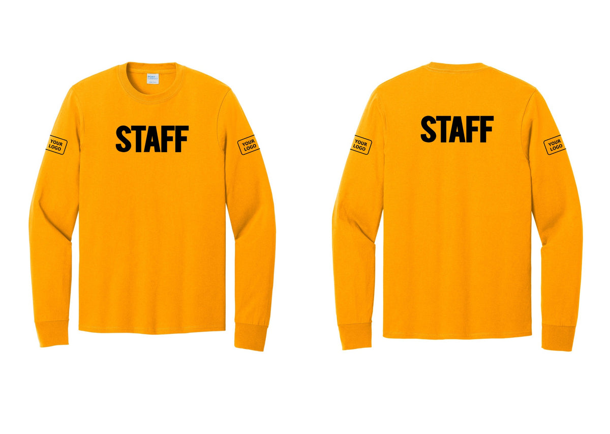 NYC Factory Custom Logo Staff Cotton Long Sleeve T-Shirt (Bold) - Front + Back + Your Logo Sleeves - Gold