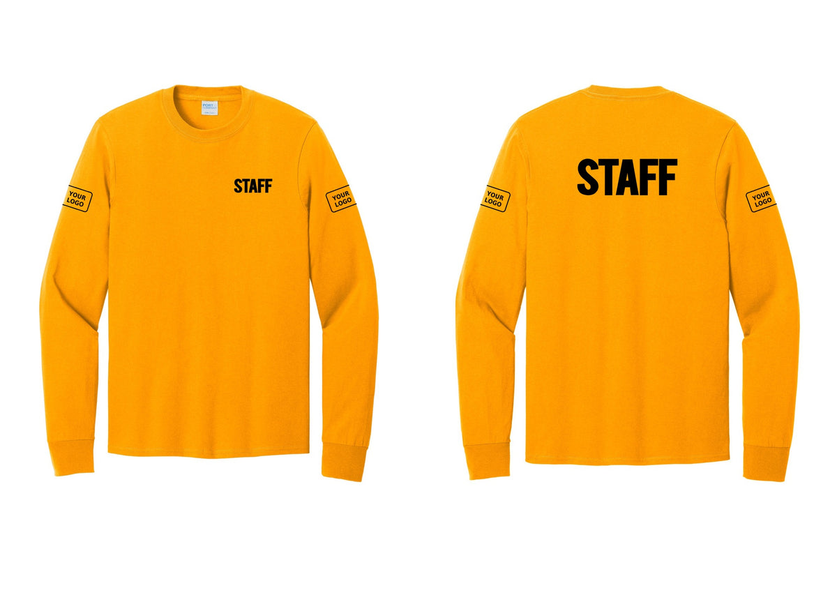 NYC Factory Custom Logo Staff Cotton Long Sleeve T-Shirt (Bold) - Chest + Back + Your Logo Sleeves - Gold