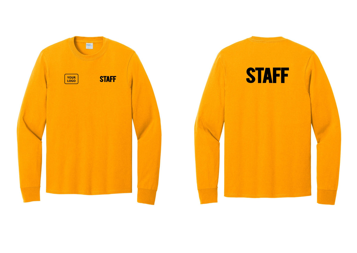 NYC Factory Custom Logo Staff Cotton Long Sleeve T-Shirt (Bold) - STAFF + Your Logo + Back - Gold