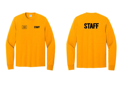 NYC Factory Custom Logo Staff Cotton Long Sleeve T-Shirt (Bold) - STAFF + Your Logo + Back - Gold