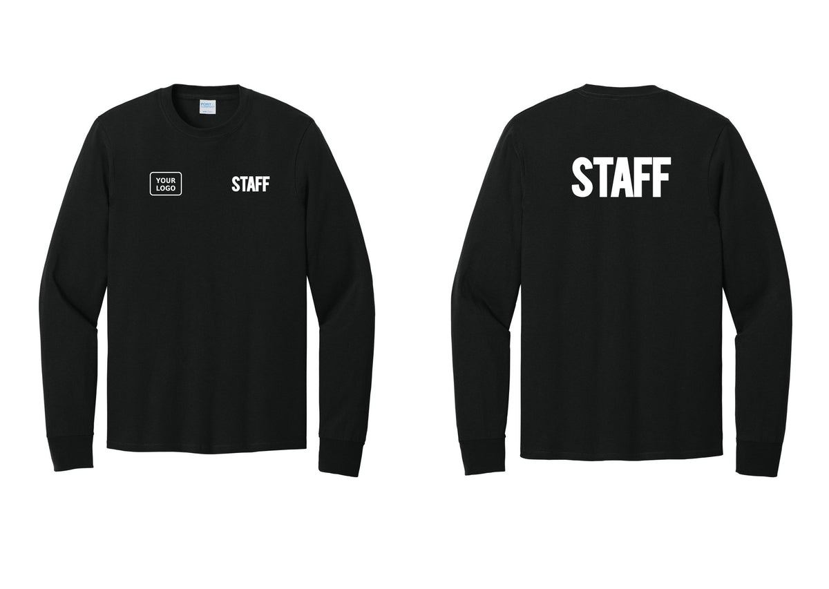 NYC Factory Custom Logo Staff Cotton Long Sleeve T-Shirt (Bold) - STAFF + Your Logo + Back - Black