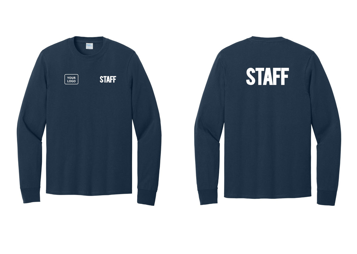 NYC Factory Custom Logo Staff Cotton Long Sleeve T-Shirt (Bold) - STAFF + Your Logo + Back - Navy