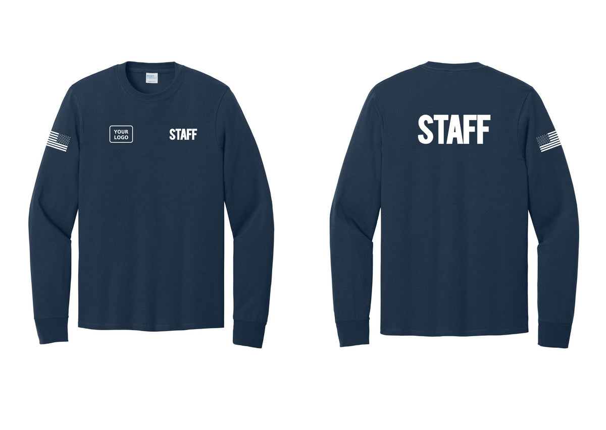 NYC Factory Custom Logo Staff Cotton Long Sleeve T-Shirt (Bold) - STAFF + Your Logo + Back + US Flag Sleeve - Navy