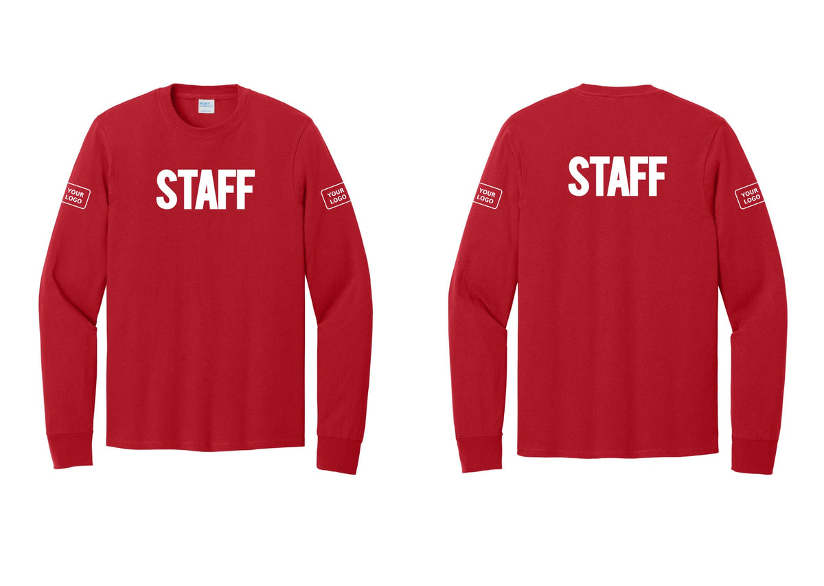 NYC Factory Custom Logo Staff Cotton Long Sleeve T-Shirt (Bold) - Front + Back + Your Logo Sleeves - Red