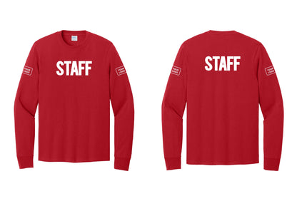 NYC Factory Custom Logo Staff Cotton Long Sleeve T-Shirt (Bold) - Front + Back + Your Logo Sleeves - Red