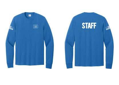 NYC Factory Custom Logo Staff Cotton Long Sleeve T-Shirt (Bold) - Your Logo + Back + US Flag Sleeve - Royal