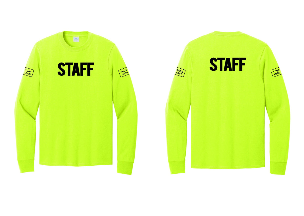 NYC Factory Custom Logo Staff Cotton Long Sleeve T-Shirt (Bold) - Front + Back + Your Logo Sleeves - Safety Green
