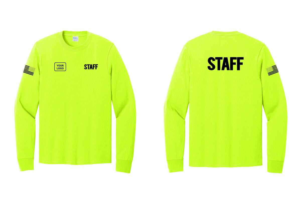 NYC Factory Custom Logo Staff Cotton Long Sleeve T-Shirt (Bold) - STAFF + Your Logo + Back + US Flag Sleeve - Safety Green
