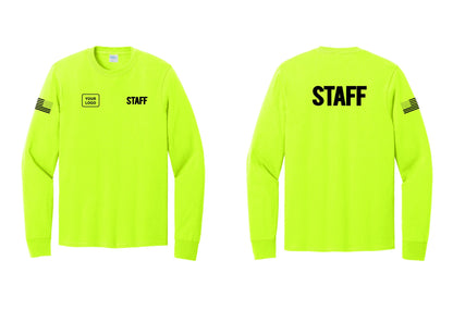 NYC Factory Custom Logo Staff Cotton Long Sleeve T-Shirt (Bold) - STAFF + Your Logo + Back + US Flag Sleeve - Safety Green