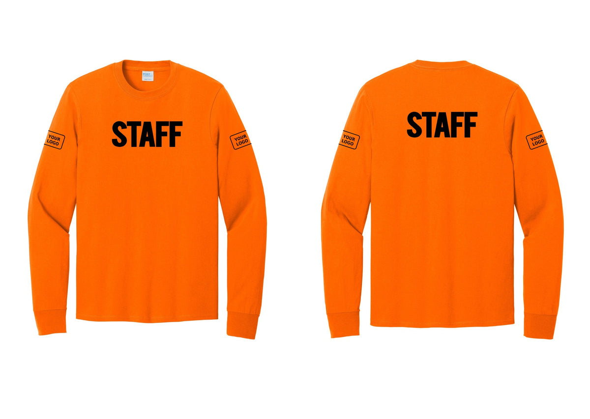 NYC Factory Custom Logo Staff Cotton Long Sleeve T-Shirt (Bold) - Front + Back + Your Logo Sleeves - Safety Orange