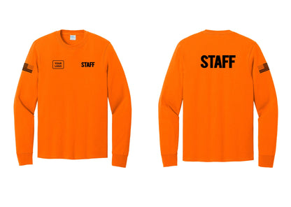NYC Factory Custom Logo Staff Cotton Long Sleeve T-Shirt (Bold) - STAFF + Your Logo + Back + US Flag Sleeve - Safety Orange