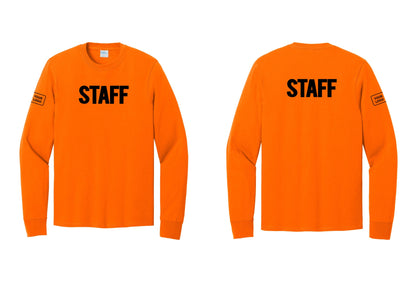 NYC Factory Custom Logo Staff Cotton Long Sleeve T-Shirt (Bold) - Front + Back + Your Logo Sleeve - Safety Orange