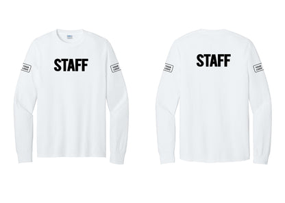 NYC Factory Custom Logo Staff Cotton Long Sleeve T-Shirt (Bold) - Front + Back + Your Logo Sleeves - White