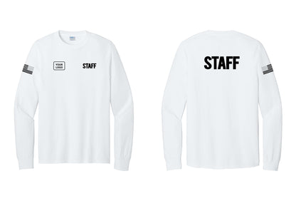 NYC Factory Custom Logo Staff Cotton Long Sleeve T-Shirt (Bold) - STAFF + Your Logo + Back + US Flag Sleeve - White