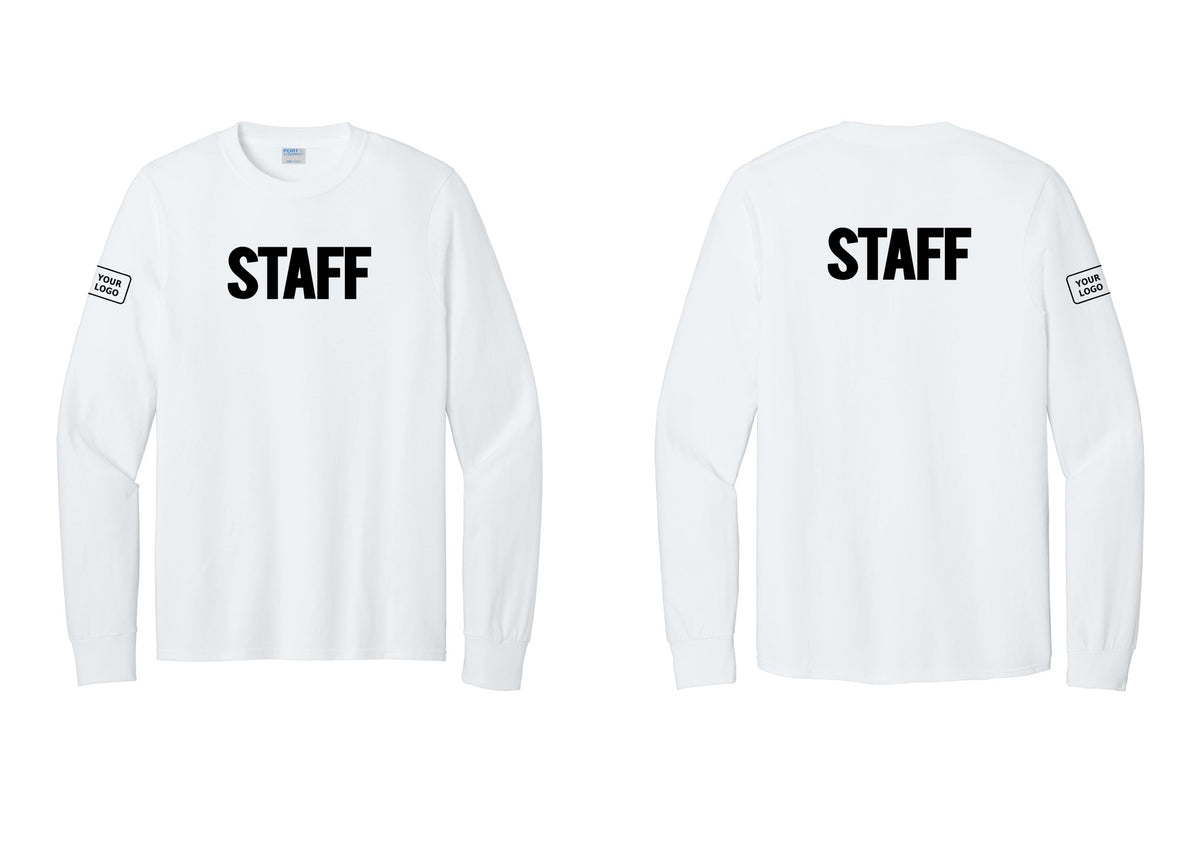 NYC Factory Custom Logo Staff Cotton Long Sleeve T-Shirt (Bold) - Front + Back + Your Logo Sleeve - White