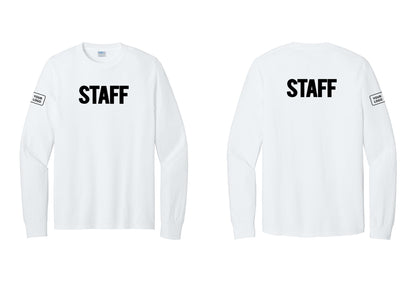 NYC Factory Custom Logo Staff Cotton Long Sleeve T-Shirt (Bold) - Front + Back + Your Logo Sleeve - White