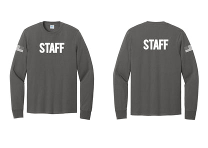 NYC Factory Staff Cotton Long Sleeve T-Shirt (Bold) - Front + Back + US Flag Sleeve - Charcoal