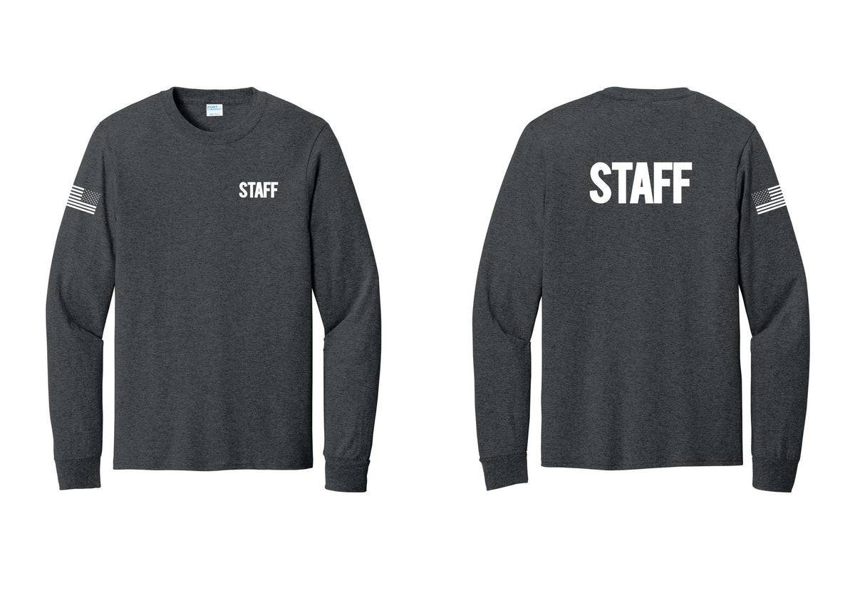 NYC Factory Staff Cotton Long Sleeve T-Shirt (Bold) - Chest + Back + US Flag Sleeve - Dark Heather Grey