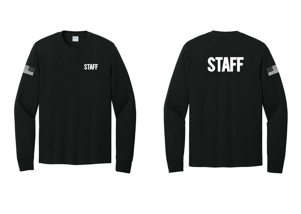 NYC Factory Staff Cotton Long Sleeve T-Shirt (Bold) - Chest + Back + US Flag Sleeve - Black