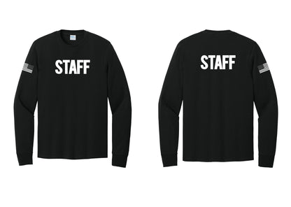 NYC Factory Staff Cotton Long Sleeve T-Shirt (Bold) - Front + Back + US Flag Sleeve - Black