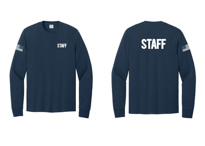 NYC Factory Staff Cotton Long Sleeve T-Shirt (Bold) - Chest + Back + US Flag Sleeve - Navy