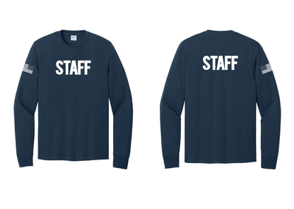 NYC Factory Staff Cotton Long Sleeve T-Shirt (Bold) - Front + Back + US Flag Sleeve - Navy