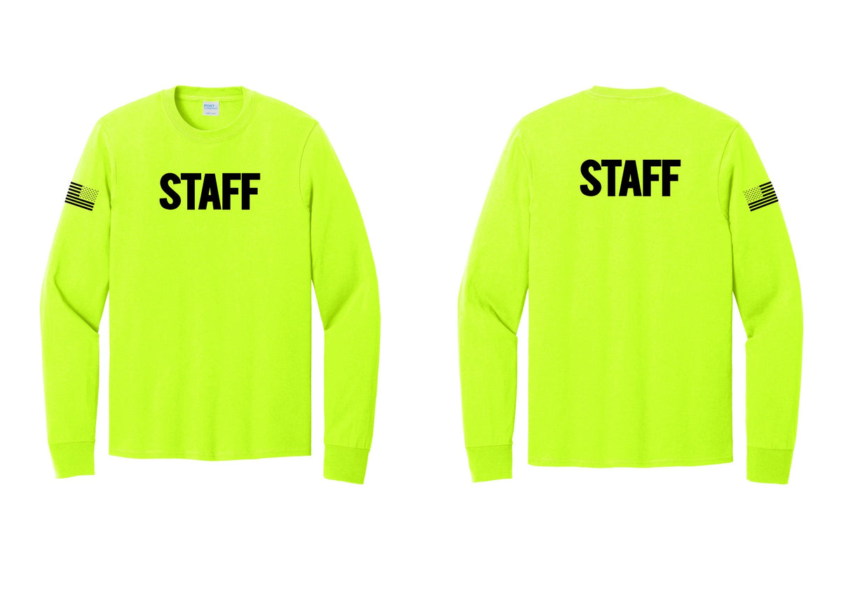 NYC Factory Staff Cotton Long Sleeve T-Shirt (Bold) - Front + Back + US Flag Sleeve - Safety Green