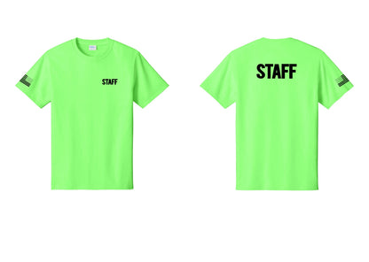 NYC Factory Staff T-Shirt, Bold Lettering - Chest + Back + US Flag Sleeve - Neon Green