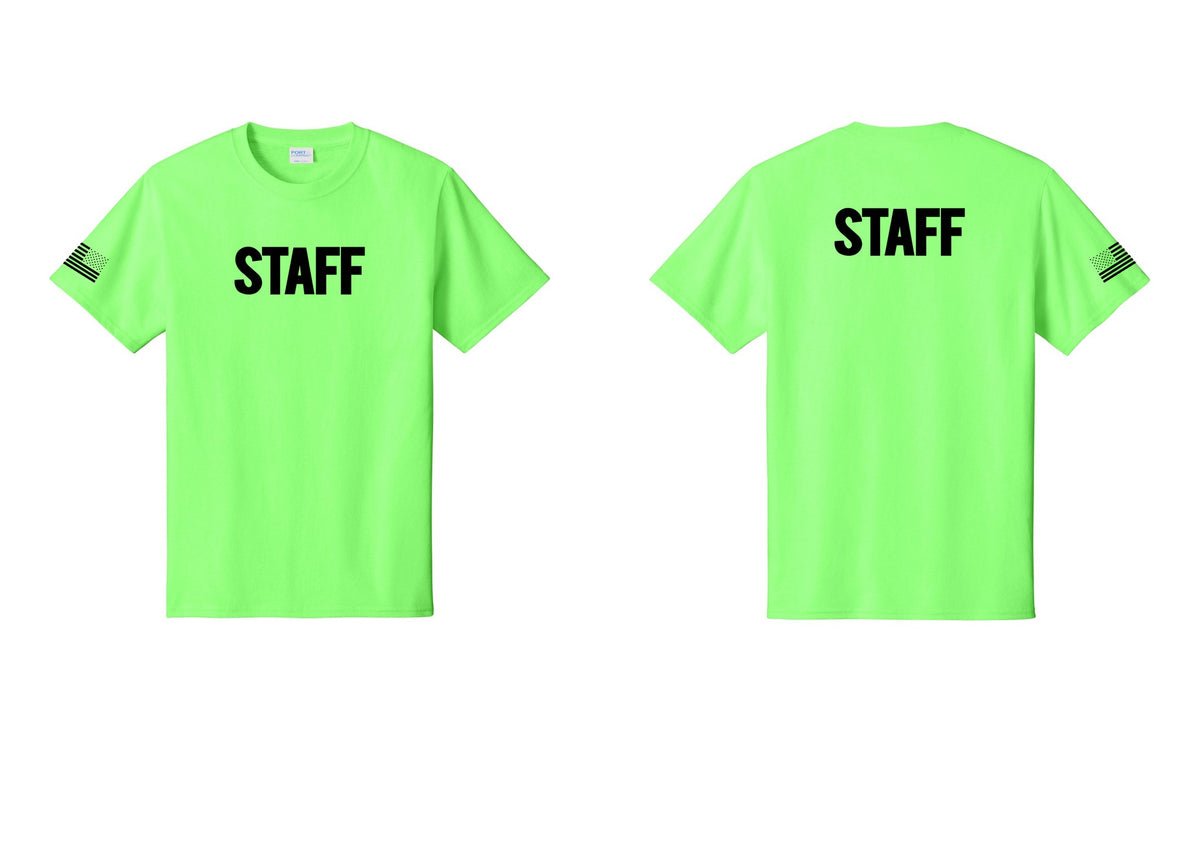 NYC Factory Staff T-Shirt, Bold Lettering - Front + Back + US Flag Sleeve - Neon Green