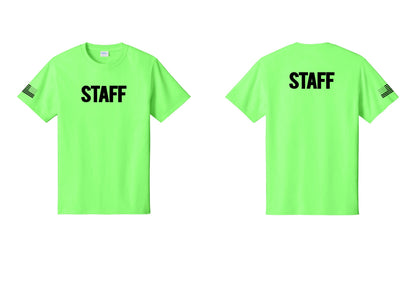 NYC Factory Staff T-Shirt, Bold Lettering - Front + Back + US Flag Sleeve - Neon Green