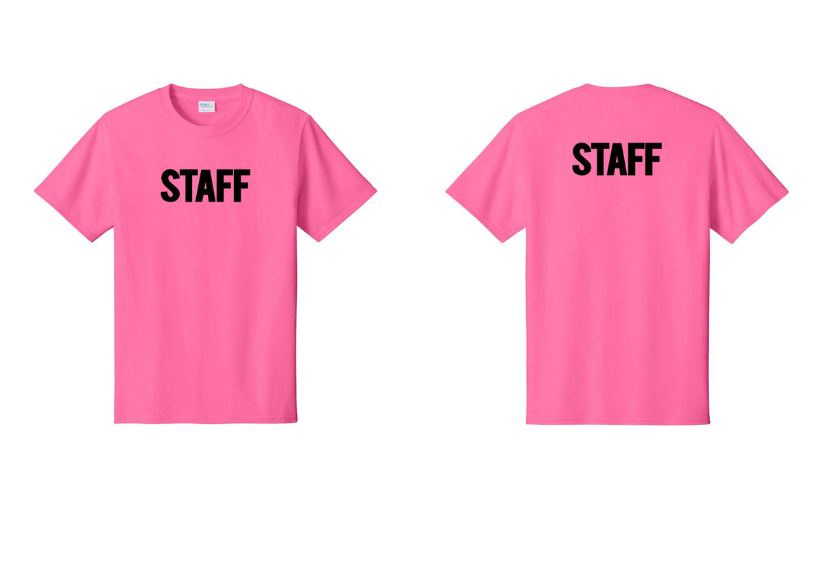 NYC Factory Staff T-Shirt, Bold Lettering - Front + Back - Neon Pink