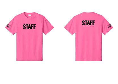 NYC Factory Staff T-Shirt, Bold Lettering - Front + Back + US Flag Sleeve - Neon Pink