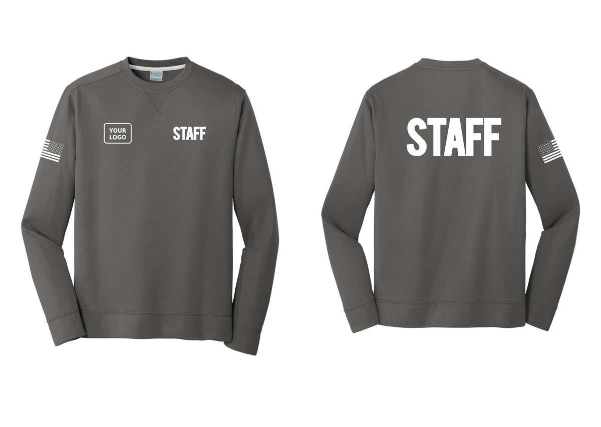 NYC Factory Custom Logo Staff Performance Fleece Crewneck Sweatshirt (Bold) - STAFF + Your Logo + Back + US Flag Sleeve - Charcoal