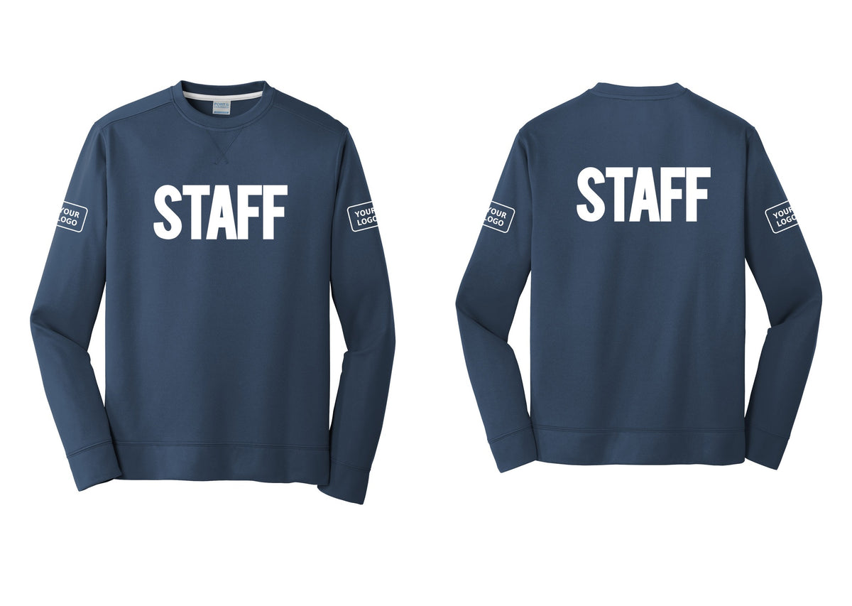 NYC Factory Custom Logo Staff Performance Fleece Crewneck Sweatshirt (Bold) - Front + Back + Your Logo Sleeves - Navy