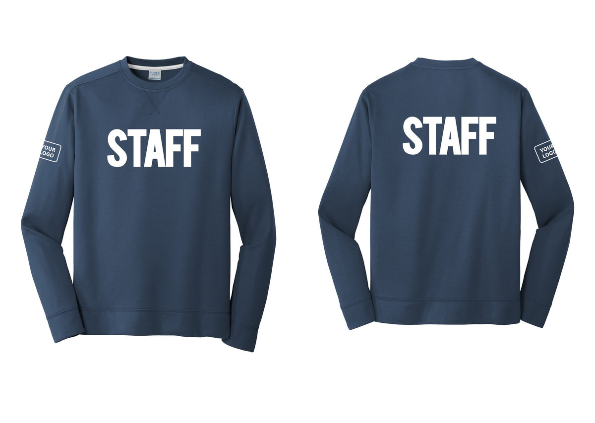 NYC Factory Custom Logo Staff Performance Fleece Crewneck Sweatshirt (Bold) - Front + Back + Your Logo Sleeve - Navy