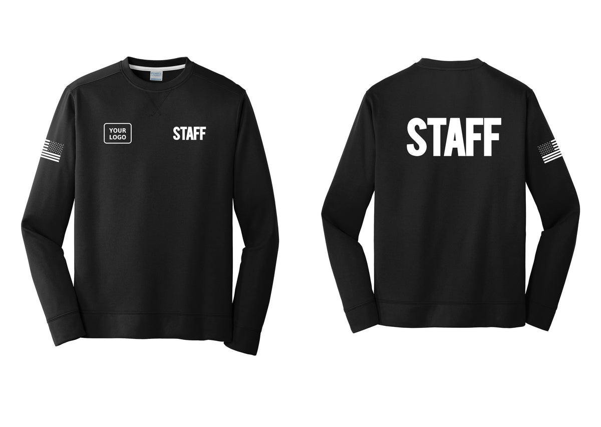 NYC Factory Custom Logo Staff Performance Fleece Crewneck Sweatshirt (Bold) - STAFF + Your Logo + Back + US Flag Sleeve - Black